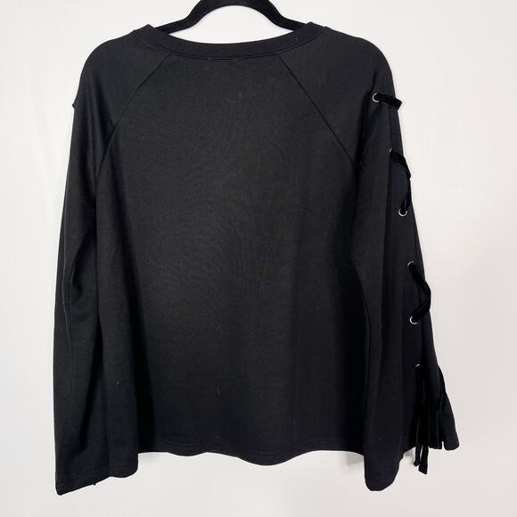 Hem & Thread Medium M Black Lace Up Sleeve Pullover Sweatshirt Crew Neck - Picture 2 of 8